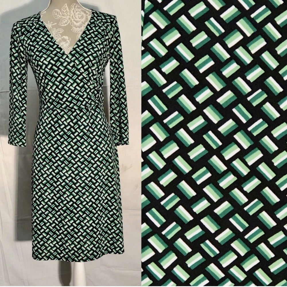 Ann Taylor LOFT Green Black Weave Print Knit 3/4 Sleeve Casual Poly Knit Dress~0